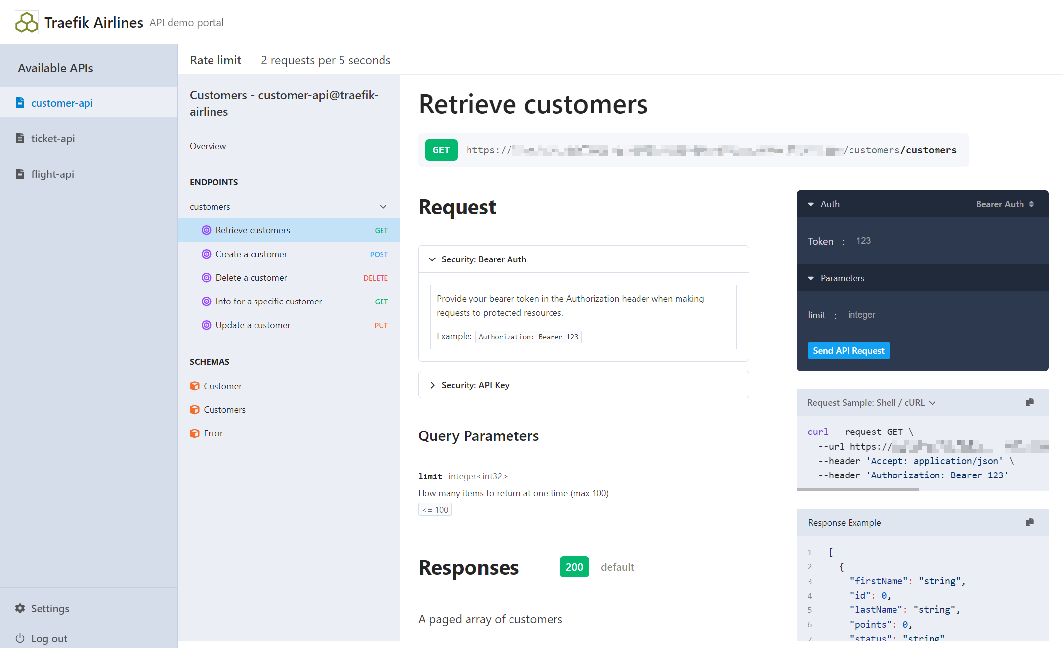 API Portal showing an API with rate limit.