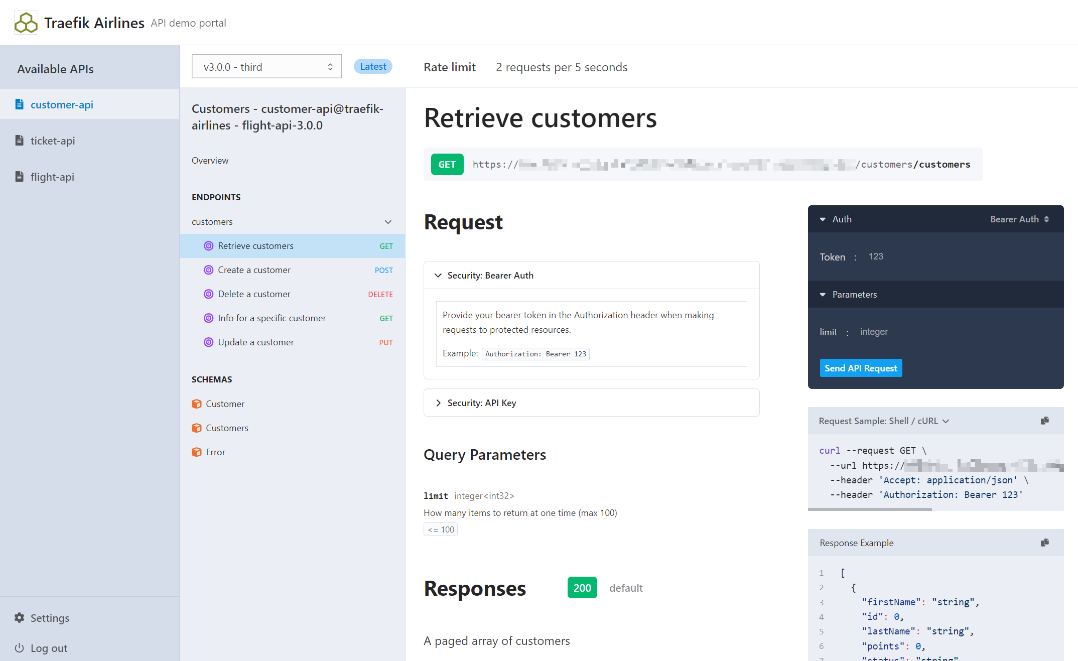 API Portal showing an versioned API.